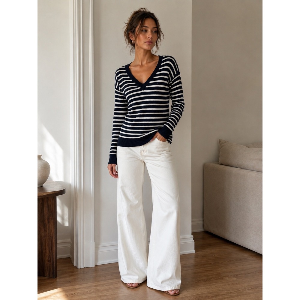 GAP Navy and White Striped V-Neck Sweater